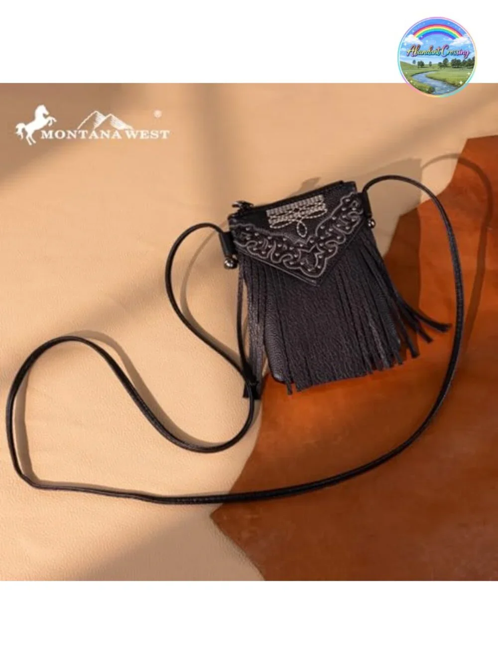 Western Fringe Faux Leather Crossbody Phone Purse with Studs and Embroidery
